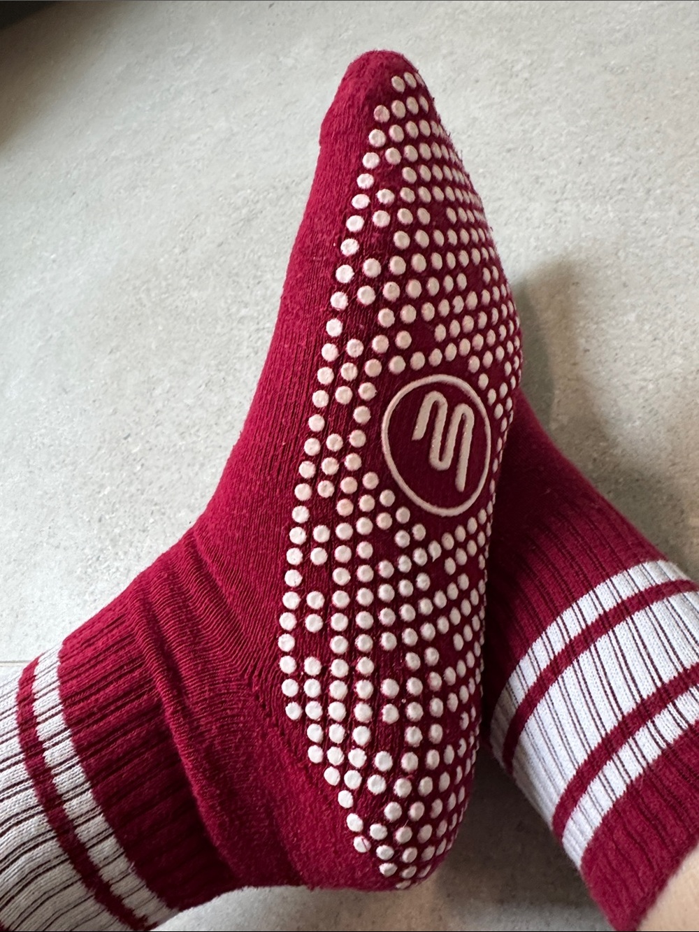 Women's Burgundy Grip Pilates Crew Socks with White Stripe Detail